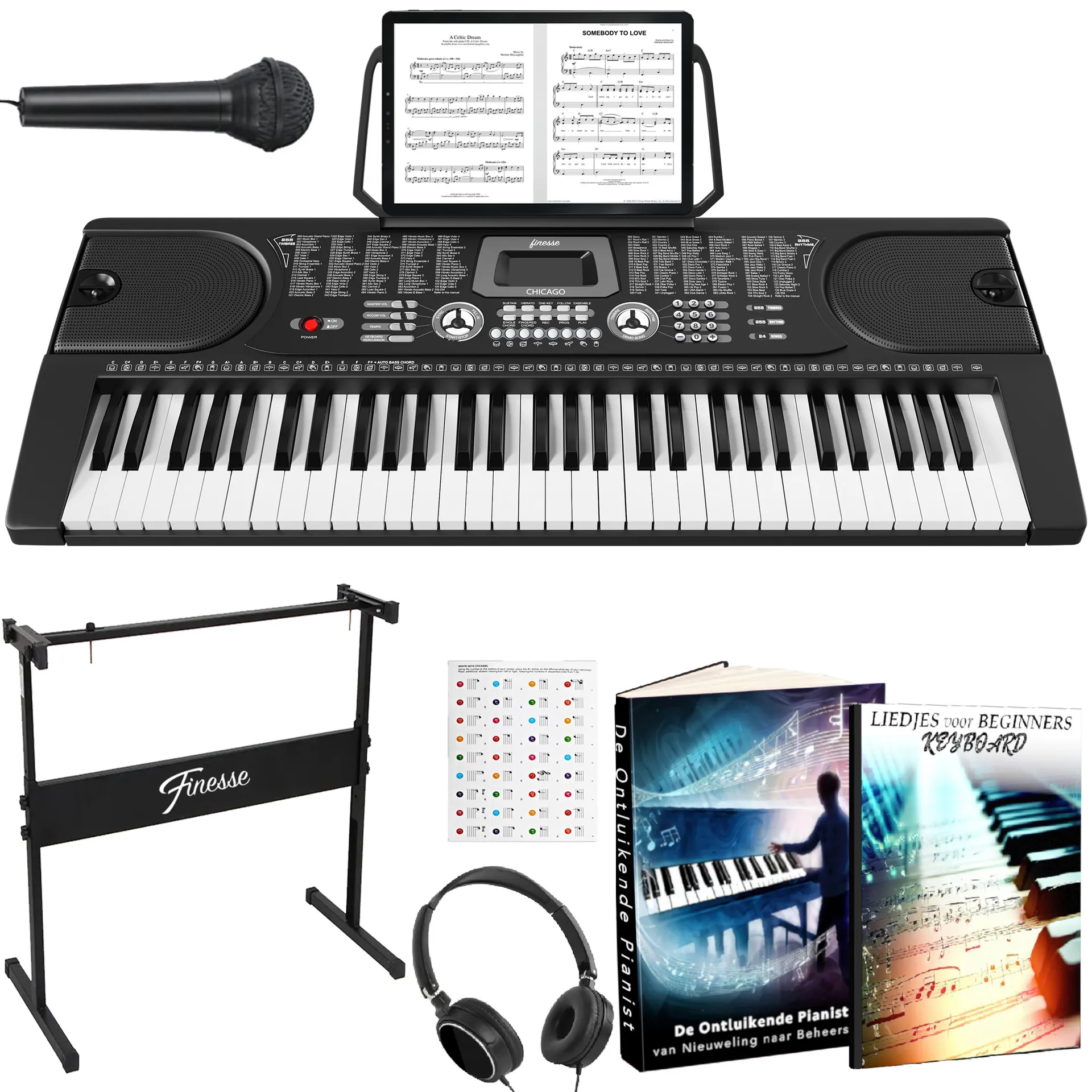 keyboard piano met statief, kruk en accessoires – chicago