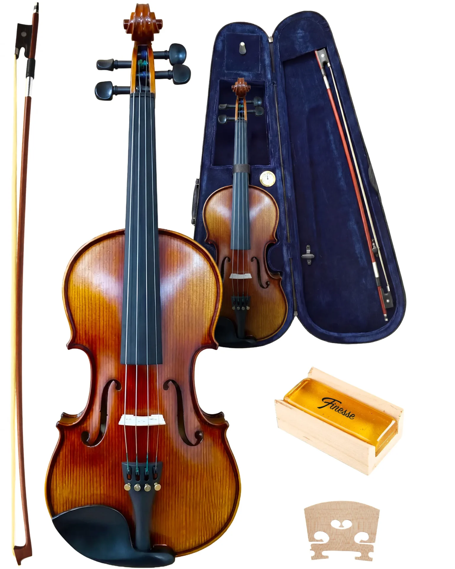 viool met strijkstok, koffer, en hars