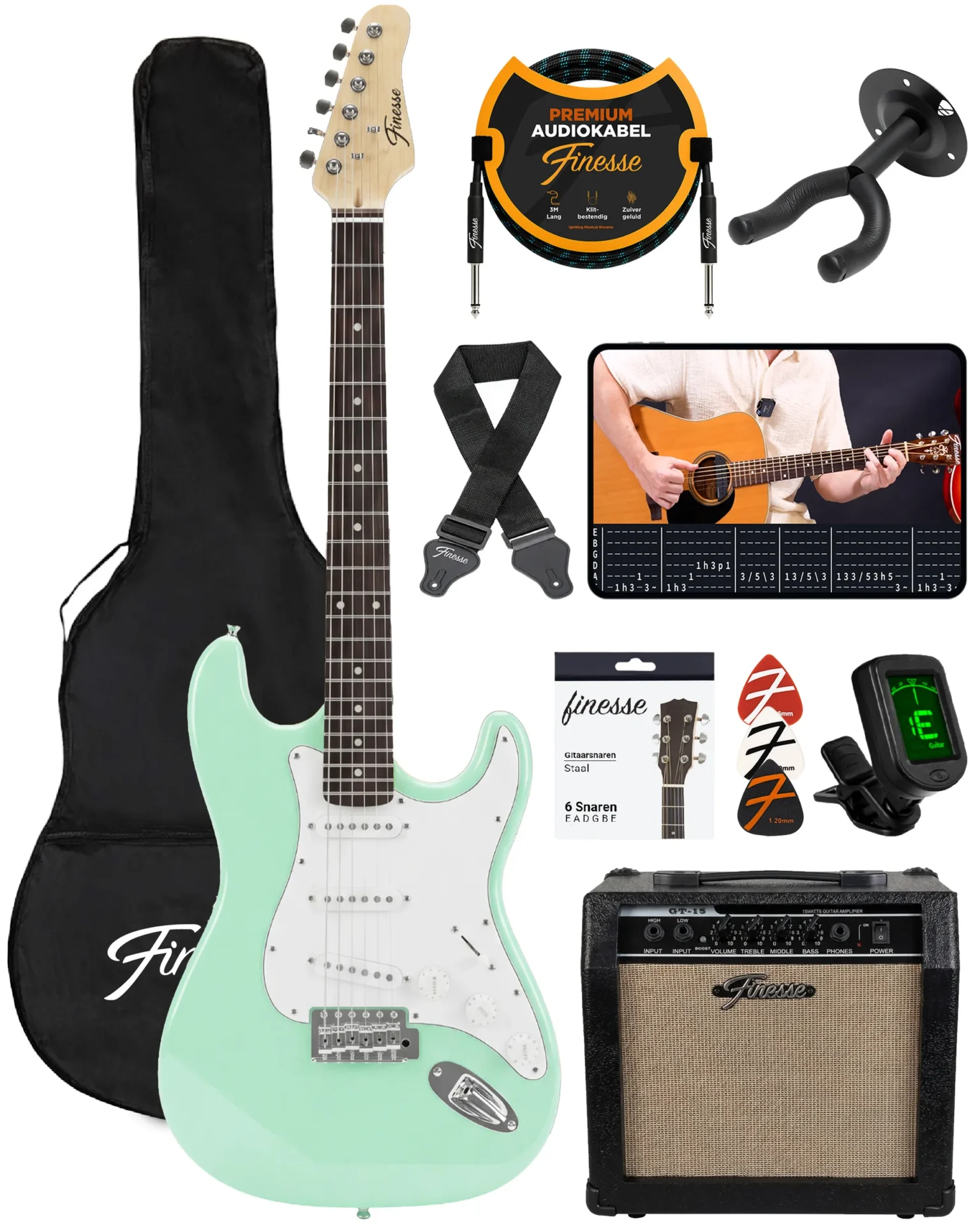 elektrische gitaar met versterker & accessoires – boston munt groen